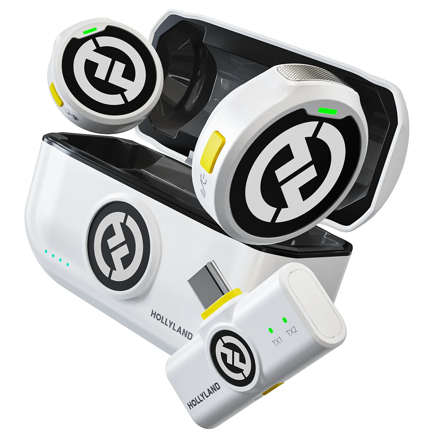 [أبيض] نظام ميكروفون Hollyland Lark M2 اللاسلكي Lavalier بطول 300 متر، ميكروفون صغير لطية صدر السترة لكاميرات iPhone Android