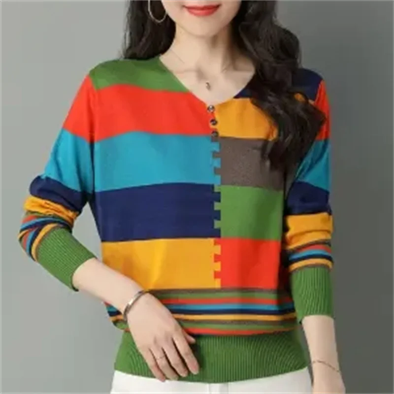 Jersey de manga larga con bloqueo de Color para mujer, Jersey fino de punto, Top suelto, liquidación, fugas, Comercio Exterior