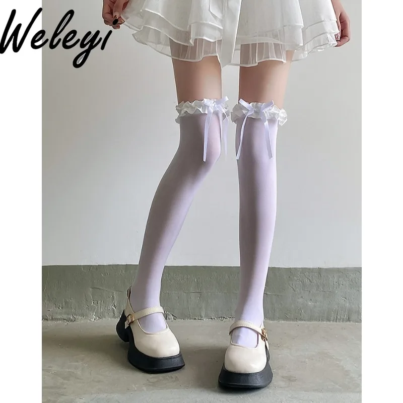 Calcetines De tubo De encaje De Lolita japonesa, Ropa De Mujer con lazo Cutecore para las cuatro estaciones, calcetines De seda blancos y negros por encima De la rodilla, medias hasta el muslo