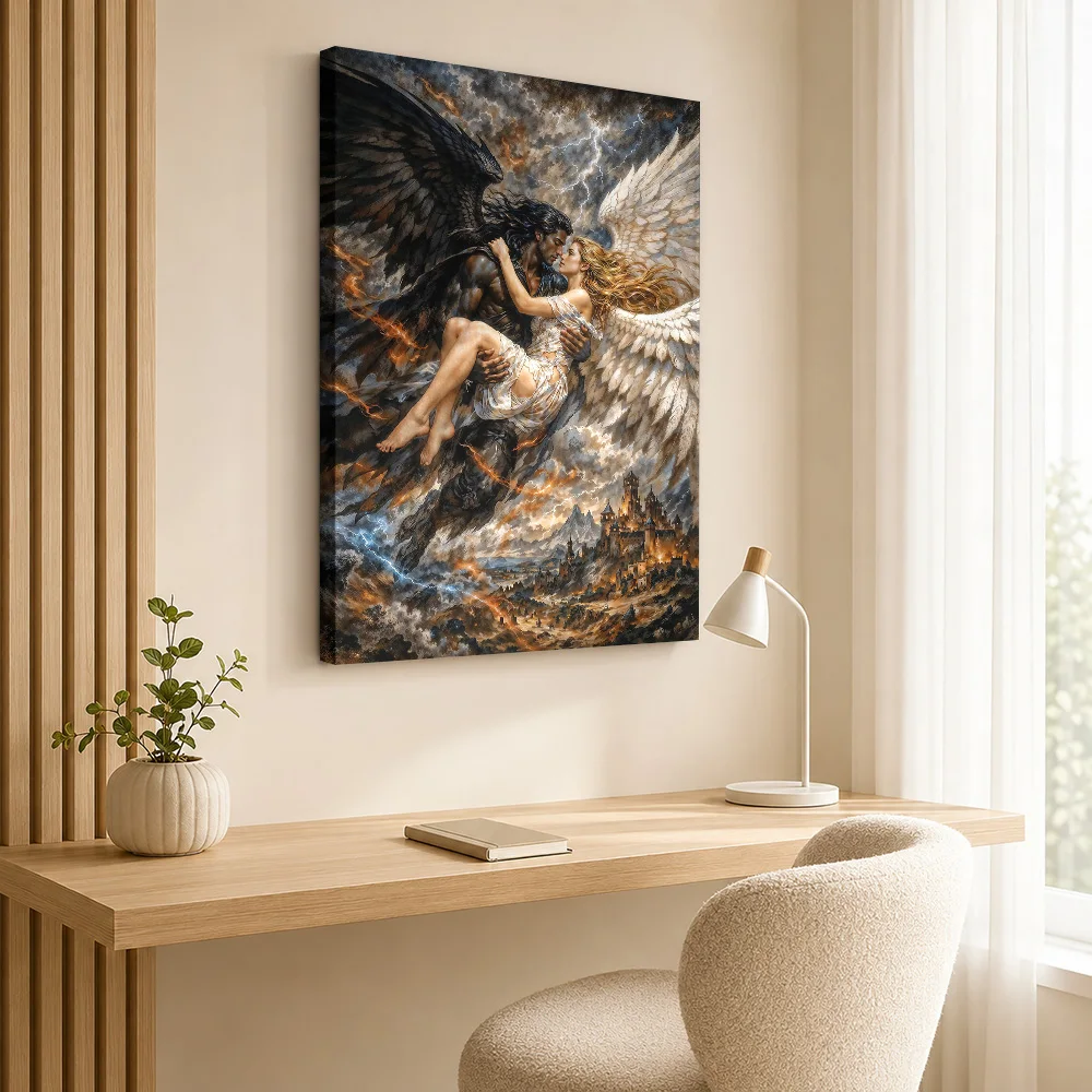 Angel And Demon Embrace Framed Canvas Poster Personalized Spiritual Mythology Wall Art for Meditation Room Decor Ready to Hang