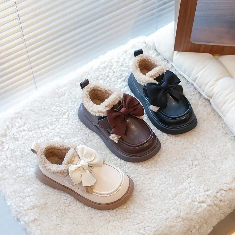 Girls Winter Warm Ankle Boots Cute Bow Decor PU Upper Fleece Lined Kids Shoes Hook and Loop Strap Non Slip Sole Casual Footwear