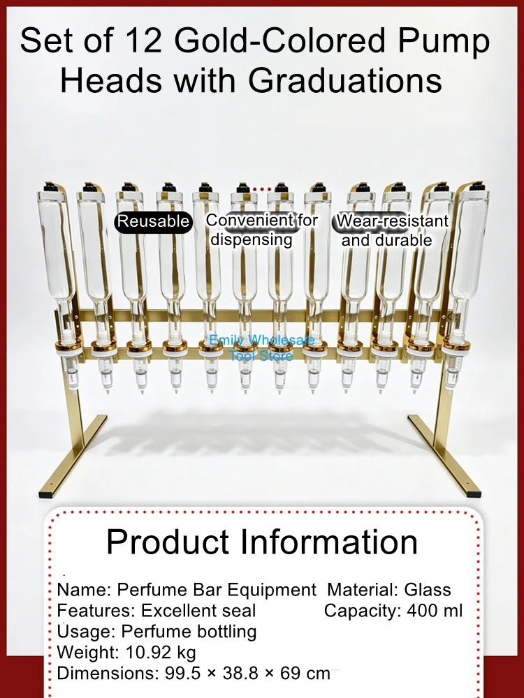 Set of 12 400ml Clear Glass Pump Bottles with Graduated Markings and Gold Stands (Perfume Not Included)