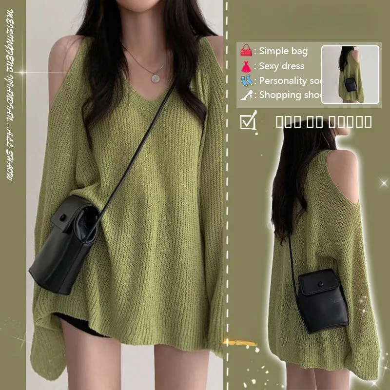 

Lazy Sle oulder Bared Casual Long Sve Women's Knitted Sweater Hollow out Design Autumn Faion V Ne Thin Medium Leng...