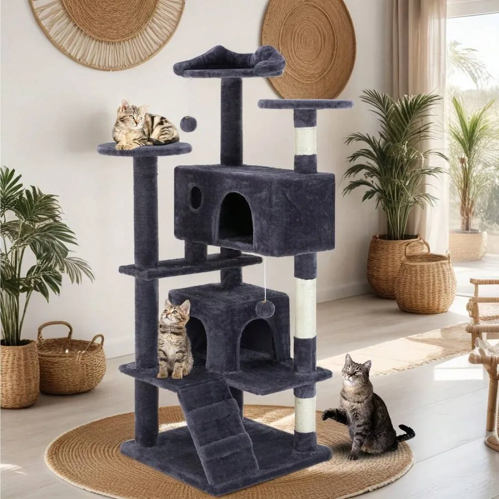 

54in Tall Multi-Level Pet Furniture, Stable Kitty Play House With Sisal Scratching Post, Large Condo, Climbing Ladder