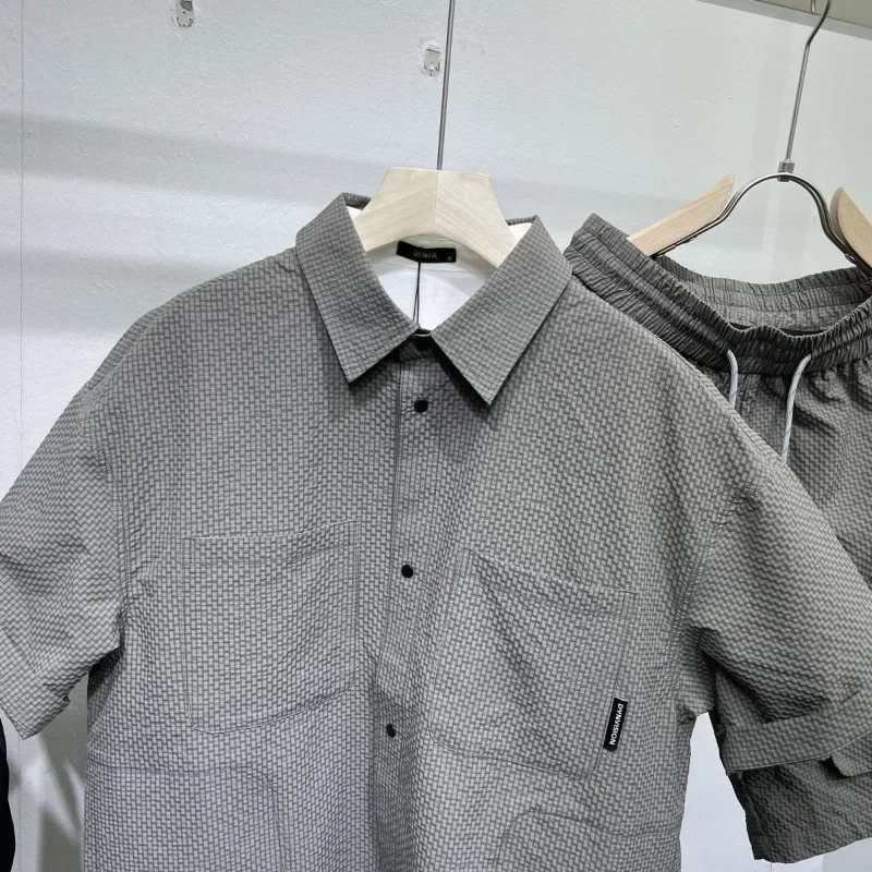 Chemise à revers à simple boutonnage et short à poches pour hommes, ensembles à manches courtes, monochromatique, haute qualité, sports décontractés, été