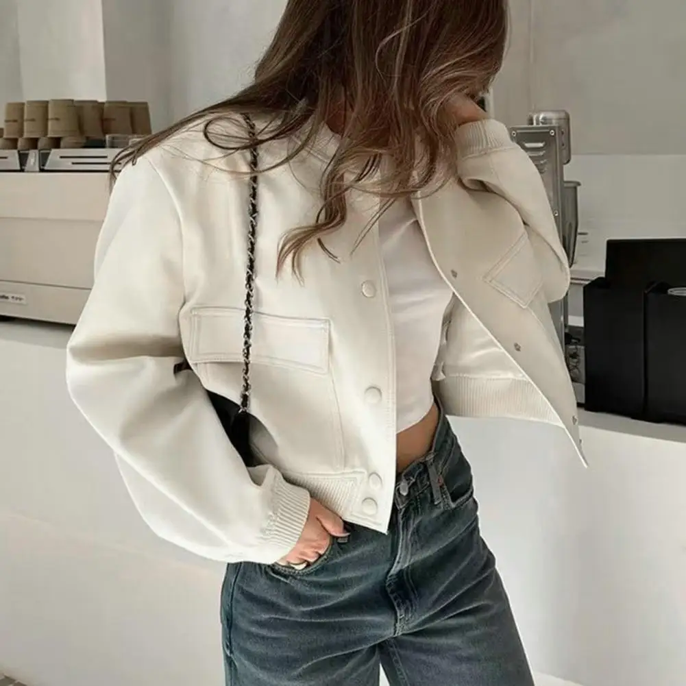 Women Jacket Women's Solid Color Round Neck Cardigan Jacket with Buttons Pockets Long Sleeve Loose Coat for Fall Spring Round