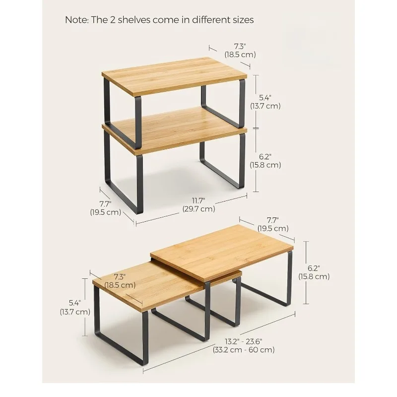 Kitchen countertop storage rack 2-piece set stackable expandable seasoning rack, metal wood combined cabinet storage rack