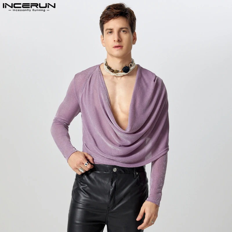 Fashion Casual Tops INCERUN New Men Sexy Sparkling Fabric T-shirts Male Clubwear Hot Sale Swing Neck Long Sleeved Camiseta S-5XL