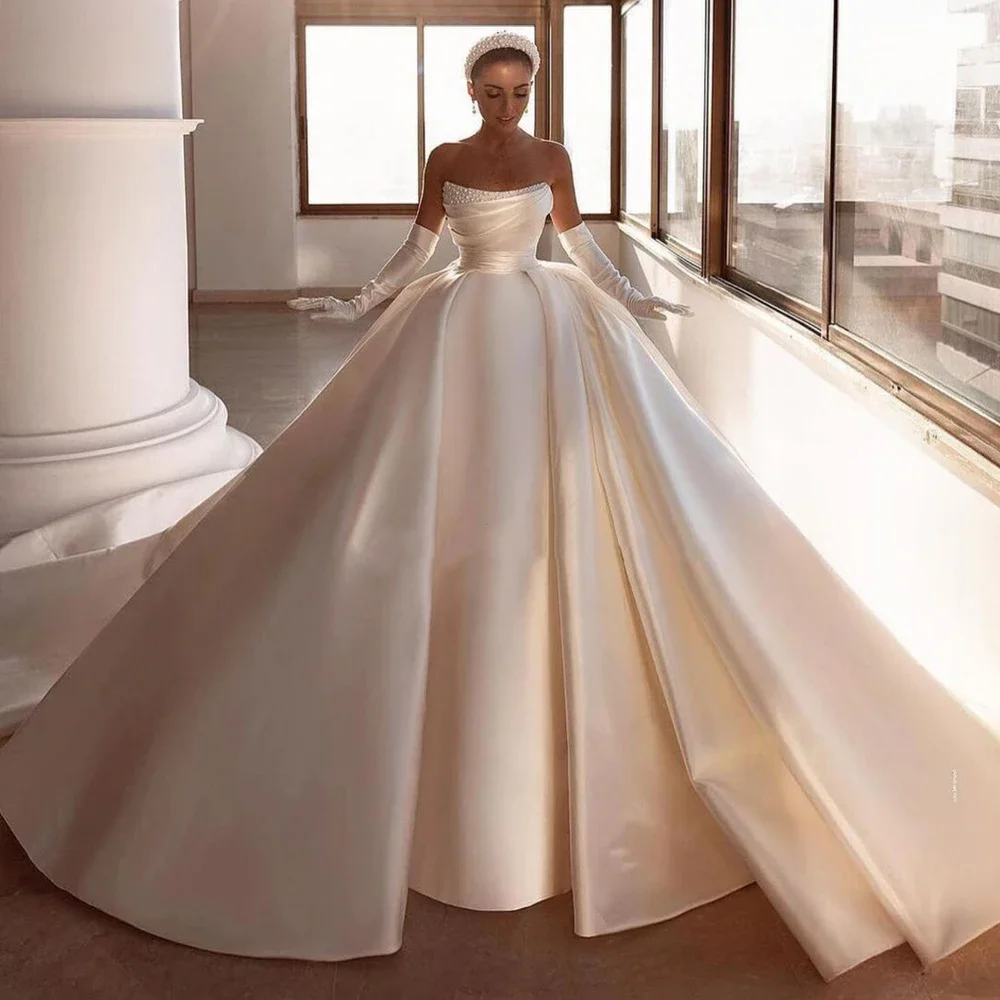 Luxury Layered Satin Princess Wedding Dress Sleeveless Pearl A-line Bridal Ball Dress Wedding Robe Customization