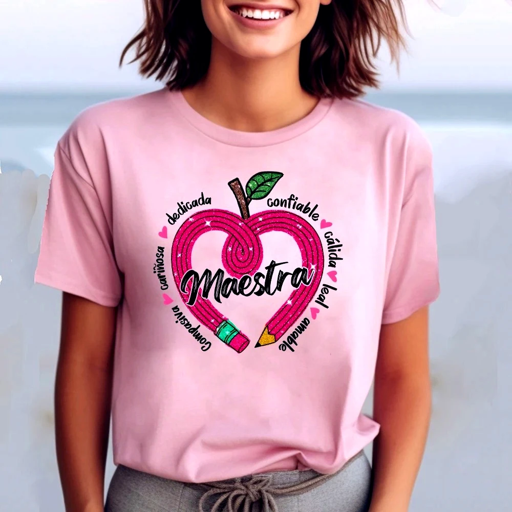 MAESTRA&pencil Pattern Print Women Teacher T-shirt Loose Comfy Short Sleeve Casual Tshirt Summer Fashion Teacher Tee Top Clothes