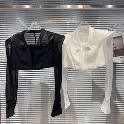 Black White Thin Sunscreen Suit Short Jacket Shoulder Pad Mesh Blazers for Women Coat Crop Top Chaquetas Blazer Feminino New