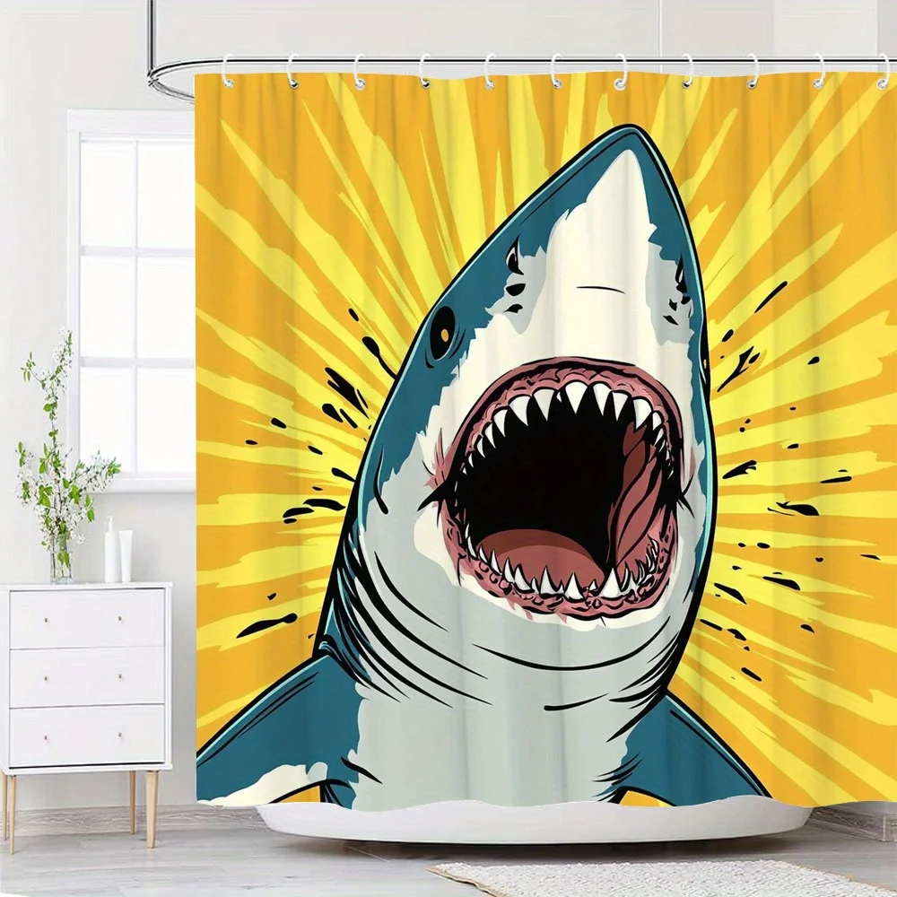 1 шт., занавеска для душа в стиле поп-арт Menacing Shark, 70x70 дюймов, синий и белый с розовым язычком, стиль комиксов, полиэстер, тканый,