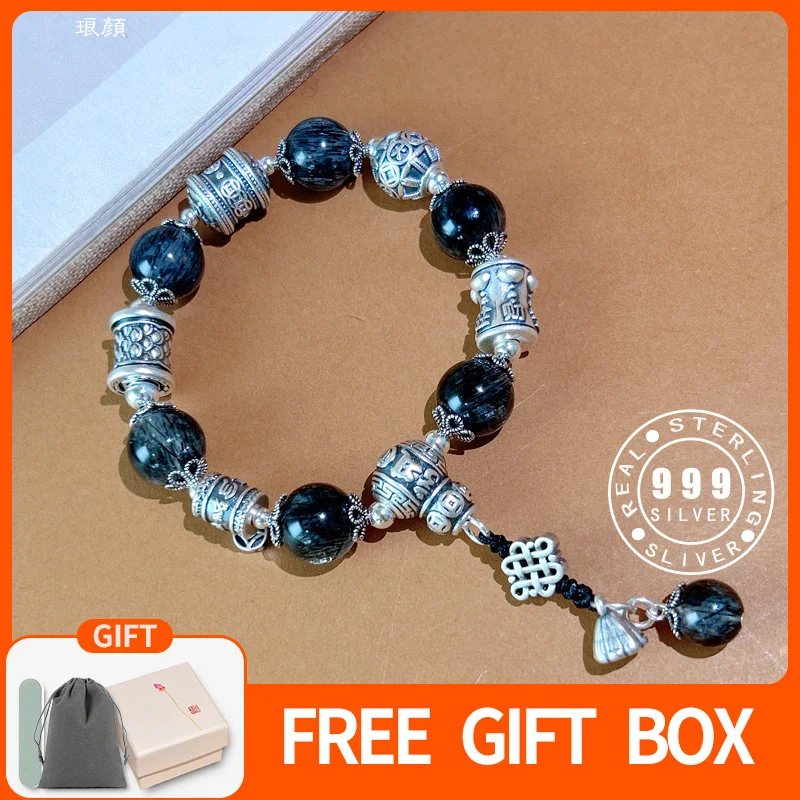 

Langyan натуральный черный рутилированный кварцевый браслет 999 пробы серебро ретро маленькие браслеты из бисера для женщин ювелирные изделия в китайском стиле SL210