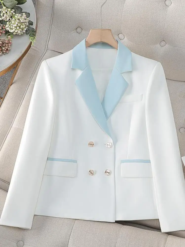 

Spring Autumn Blue White Patchwork Office Festival Short Blazer Jackets 2025 Vintage Elegant Ladies Double Breasted Tops Popular