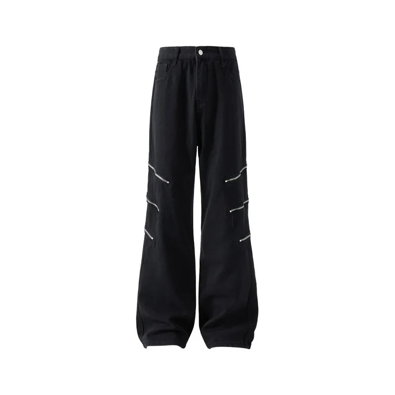 

Japanese Retro Men'S Jeans With Zipper Decoration Design Fashion Black Baggy Jeans Casual Pants Straight Leg Jeans