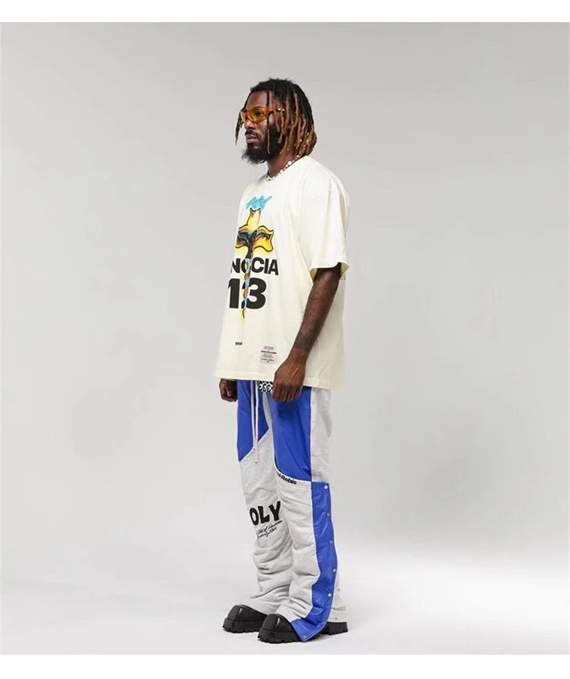 RRR123 High Street American Trendy Casual T-Shirt Loose Burning Cross Printed Round Neck Short Sleeve Oversized T-Shirt