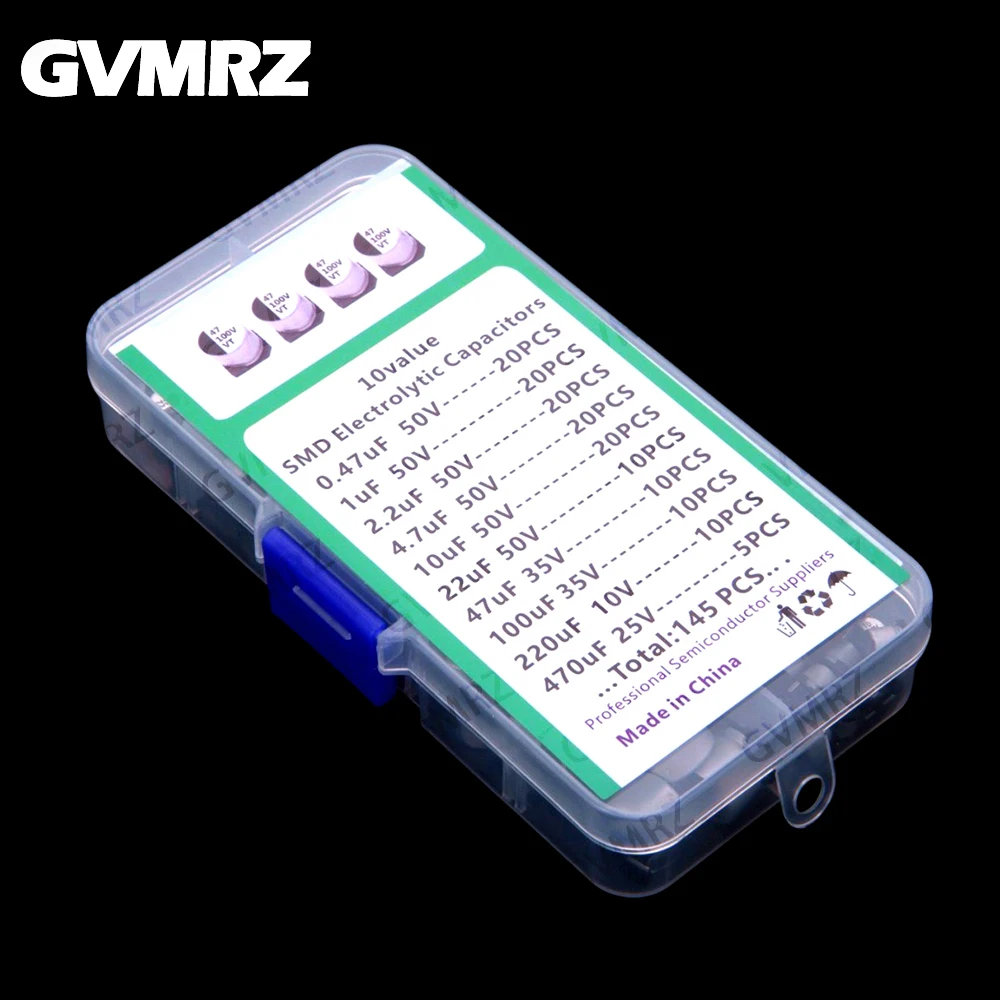 10Values ​​145PCS SMD Aluminum Electrolytic Capacitor Kit 0.47UF 1UF 2.2UF 4.7UF 10UF 22UF 50V
