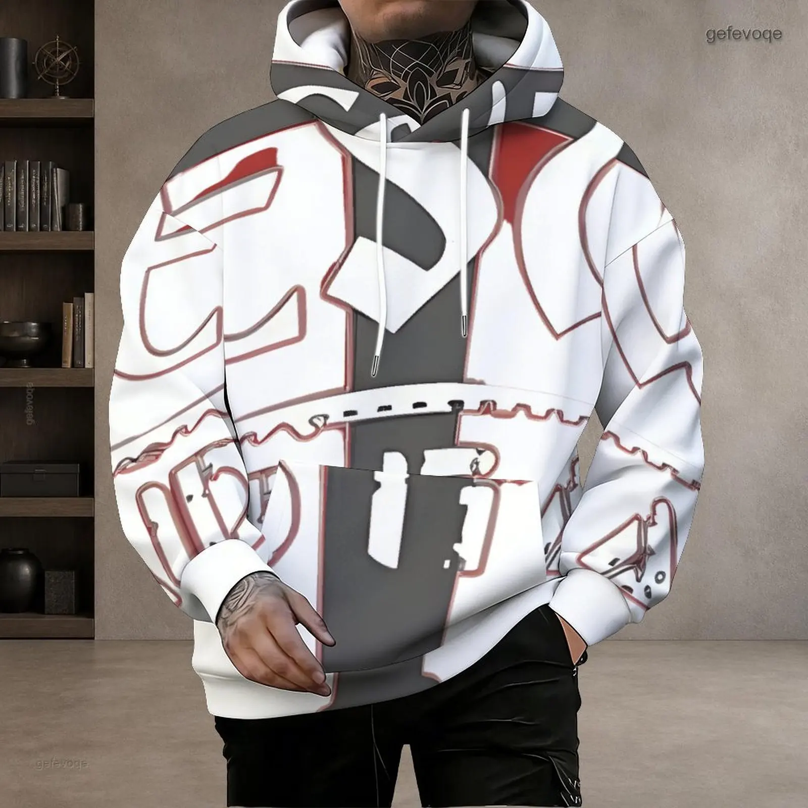 Men Printed White Grey Red Abstract Geometric Pattern Long Sleeve Drawstring Pullover Hoodie
