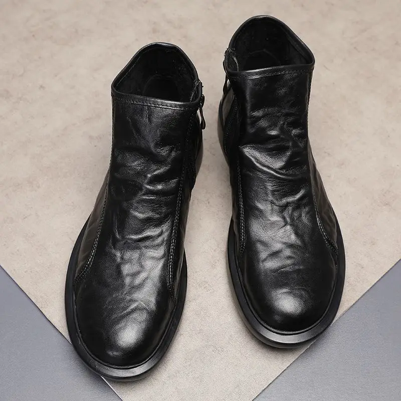 Men's Genuine Top-Grain Cowhide Work High-Top Boots Breathable Hand-Textured British Style Casual Single-Layer Leather Shoes