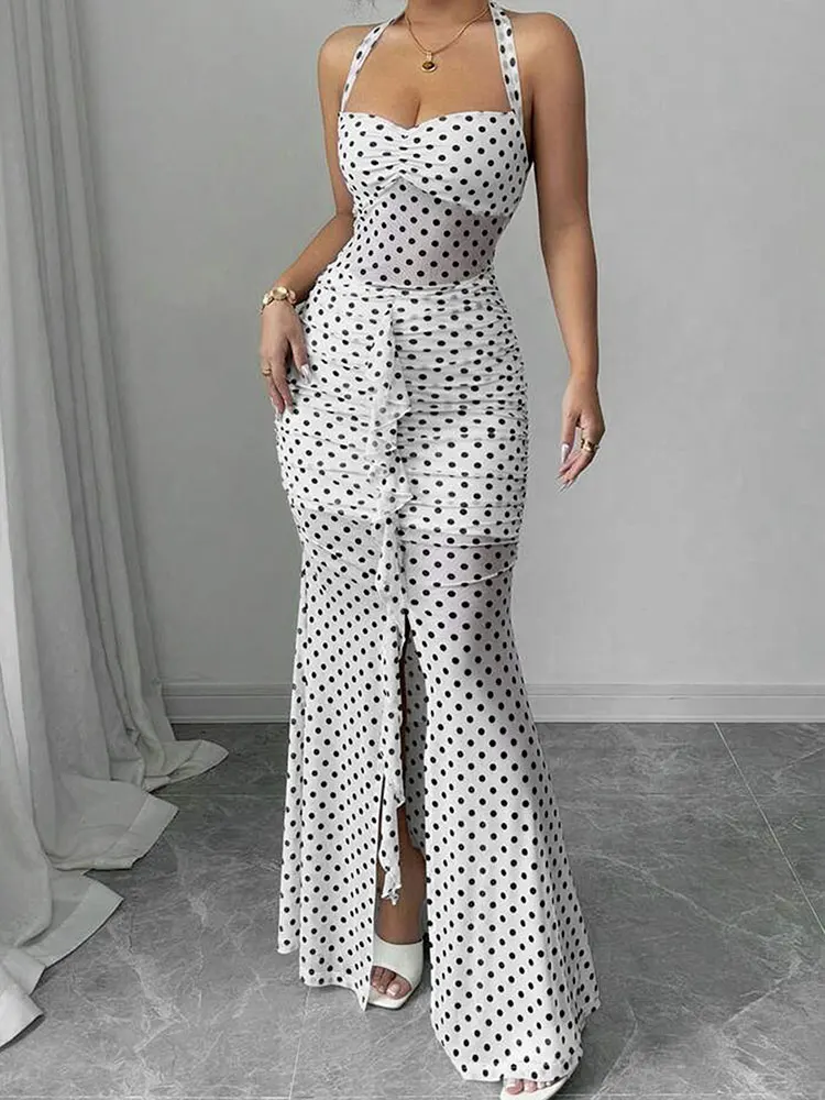 Sommerliches neues Damen-Maxikleid mit Punkten, Streetwear-Mode, bedrucktes Neckholder-Kleid mit Schlitz, lässiges, schmales Kleid, sexy rückenfreies Kleid mit tiefem V-Ausschnitt