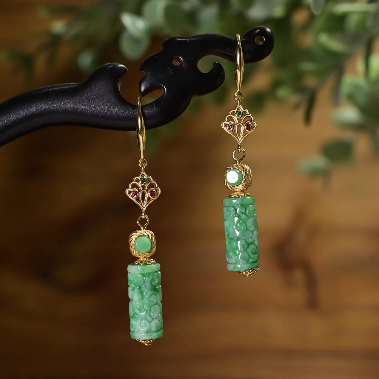 S925 Sterling Silver Gold Plated Natural A Grade Carved Cylinder Jadeite Long Drop Earrings Vintage Chinese Jewelry