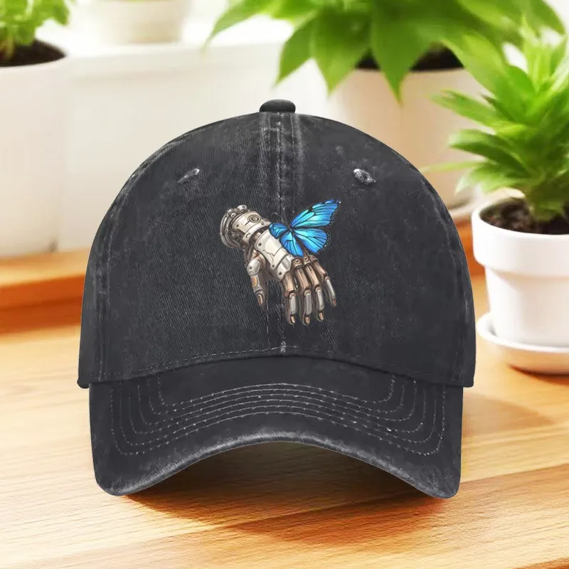 Mechanical Hand Butterfly Print Baseball Cap Washed Denim Casual Adjustable Unisex Hat
