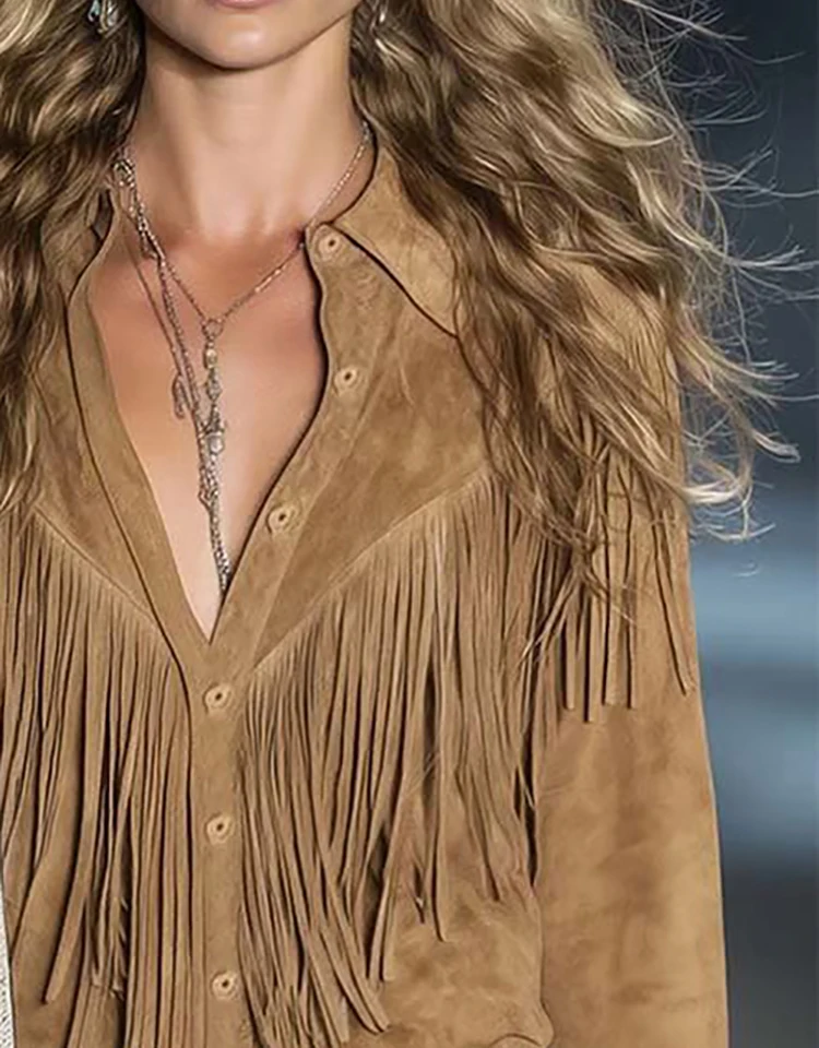 

Женская элегантная рубашка в богемном стиле с бахромой, однобортная однобортная рубашка с лацканами, винтажный повседневный женский топ с длинными рукавами, замшевые шикарные рубашки с кисточками