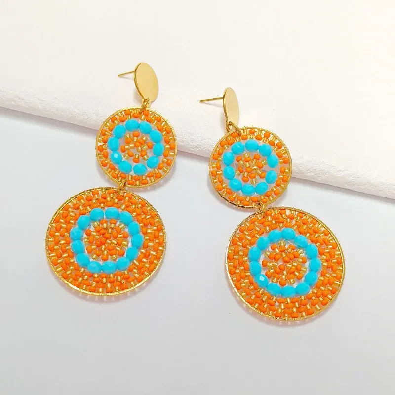 Rice bead earrings Circle Double-deck Originality geometry Crystal Hand knitting Bohemia Alloy Fashion Simple Beaded earrings