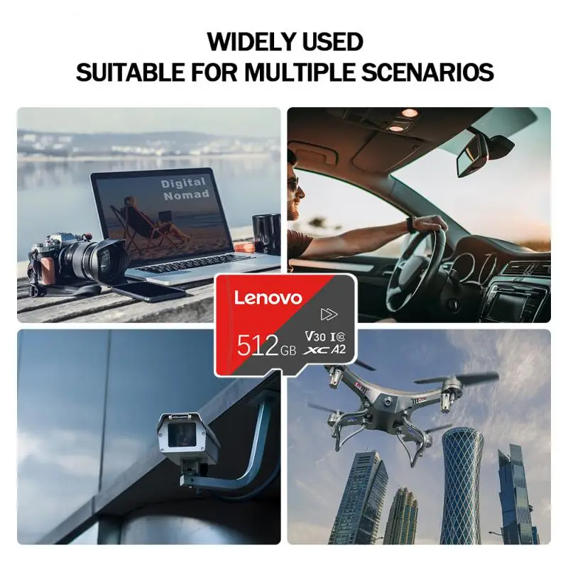 Lenovo-Cartão de Memória SD para Drone, Alta Velocidade, Classe 10, Cartão TF, 4K, Vídeo Ultra-HD A2, Cartão de Memória Flash, 2TB, 1TB, 32GB