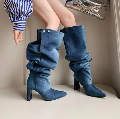 

New Blue Gray Gradient Denim Pointed Toe Big Calf Loose Pleated Knee High Boots Women 8 CM High Heel Over The Knee Boots Shoes