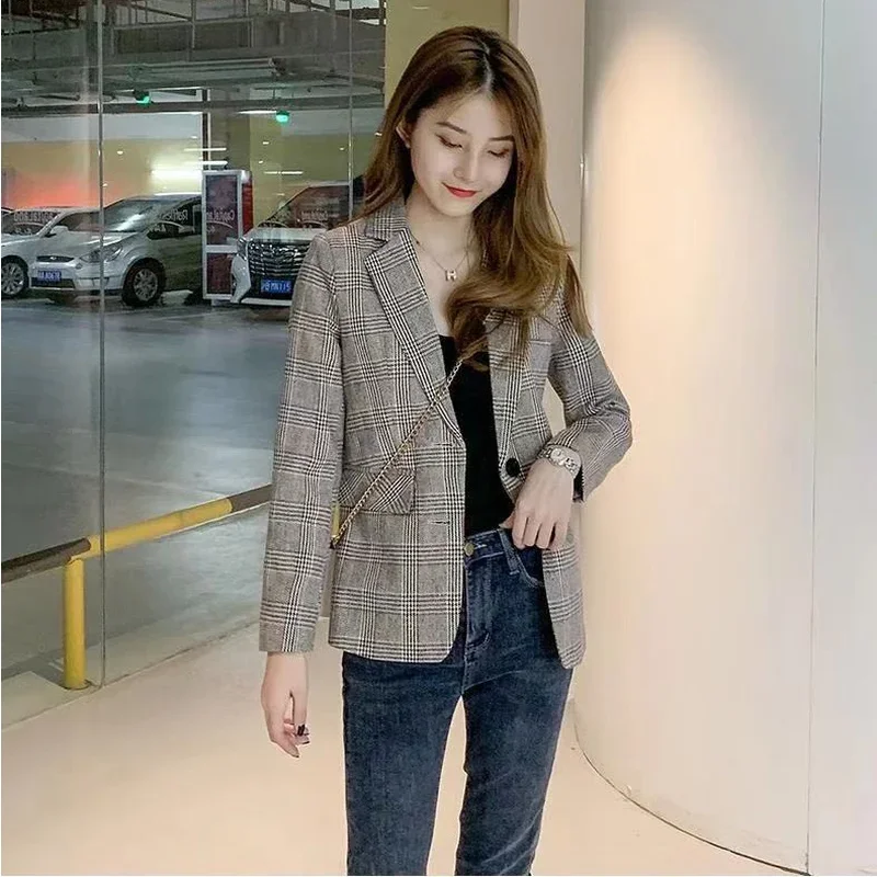 Blazer xadrez chique para estudante, blazer de escritório casual, moda coreana, jaqueta simples que combina tudo, casacos glamorosos, terno fino, primavera e outono