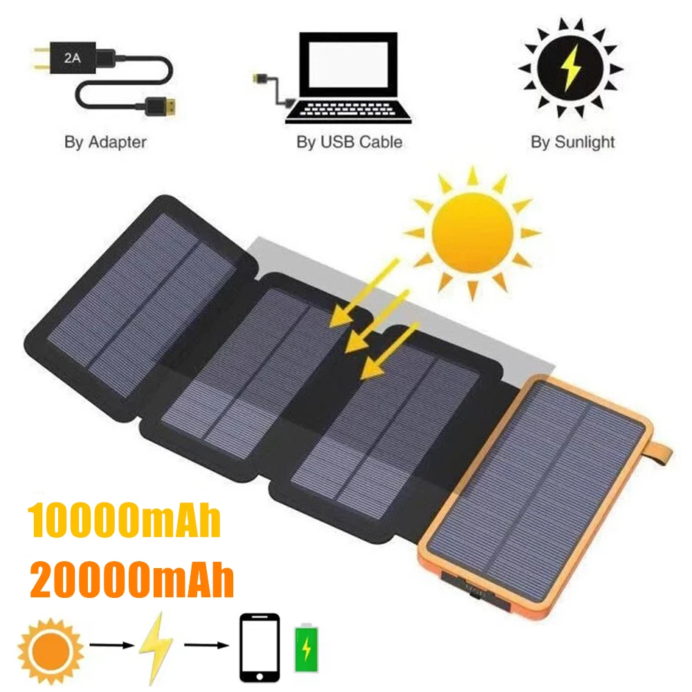 

Солнечный Power Bank 10000/20000 мАч со складными солнечными панелями, LED-фонариком и фонариком-прожектором, портативный, для кемпинга и путешествий на природе