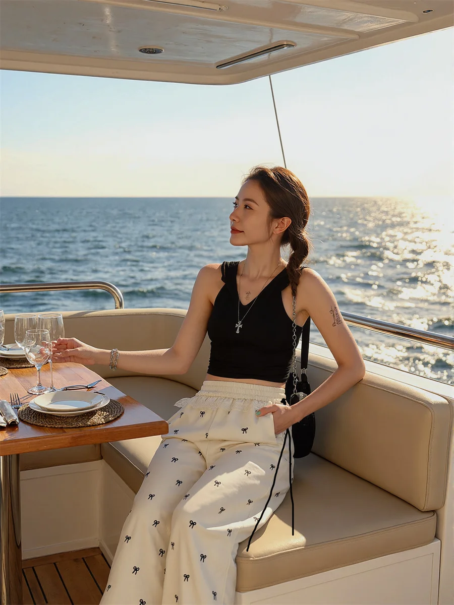 المرأة السراويل الفضفاضة الأسود المشمش نمط غير رسمي ثنيات المرأة النسيج الأنيق فضفاض واسعة الساق عالية الخصر ملابس الحفلات المسائية الرسمية #1