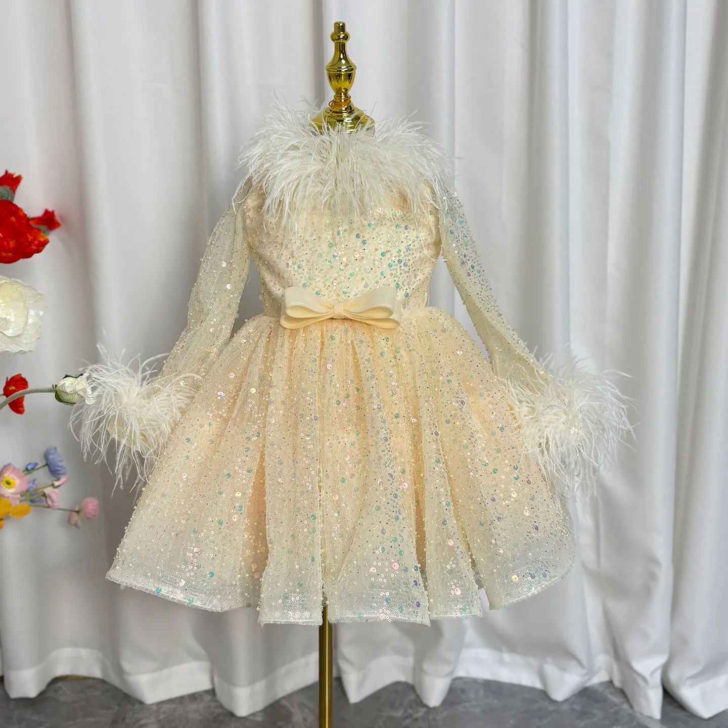 Jill Wish-Robe de demoiselle d'honneur élégante, couleur champagne, plume à nœud, paillettes, robe de Rh, vacances, anniversaire, J320