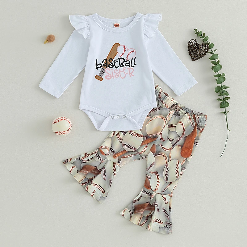 

2023-06-28 Lioraitiin 0-24M Infant Baby Girl Baseball Outfits 2Pcs Long Sleeve Baseball Print Romper with Flare Pants Set