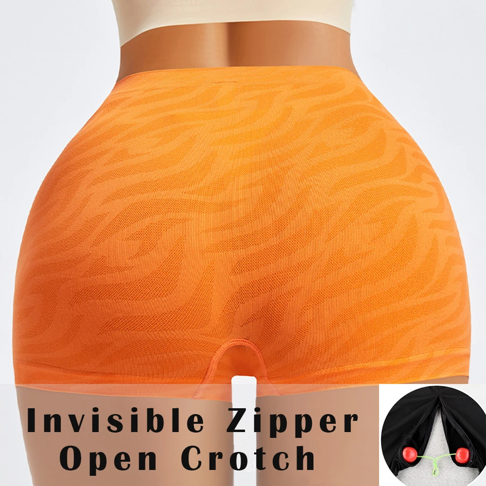 

Invisible Zipper Open Crotch Summer Orange Women Sexy Shorts Fitness Sports High Waist Bottoms