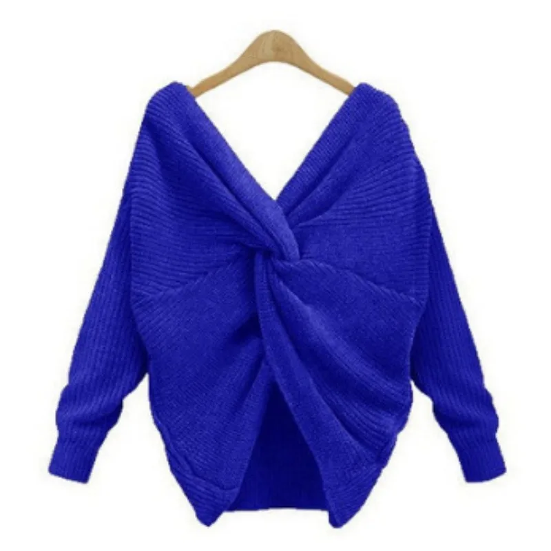 

Women Autumn Winter V-neck Sweater Sexy Backless Reversible Pullovers Tops New Fashion Solid Irregular Cross-knotting Knitwear