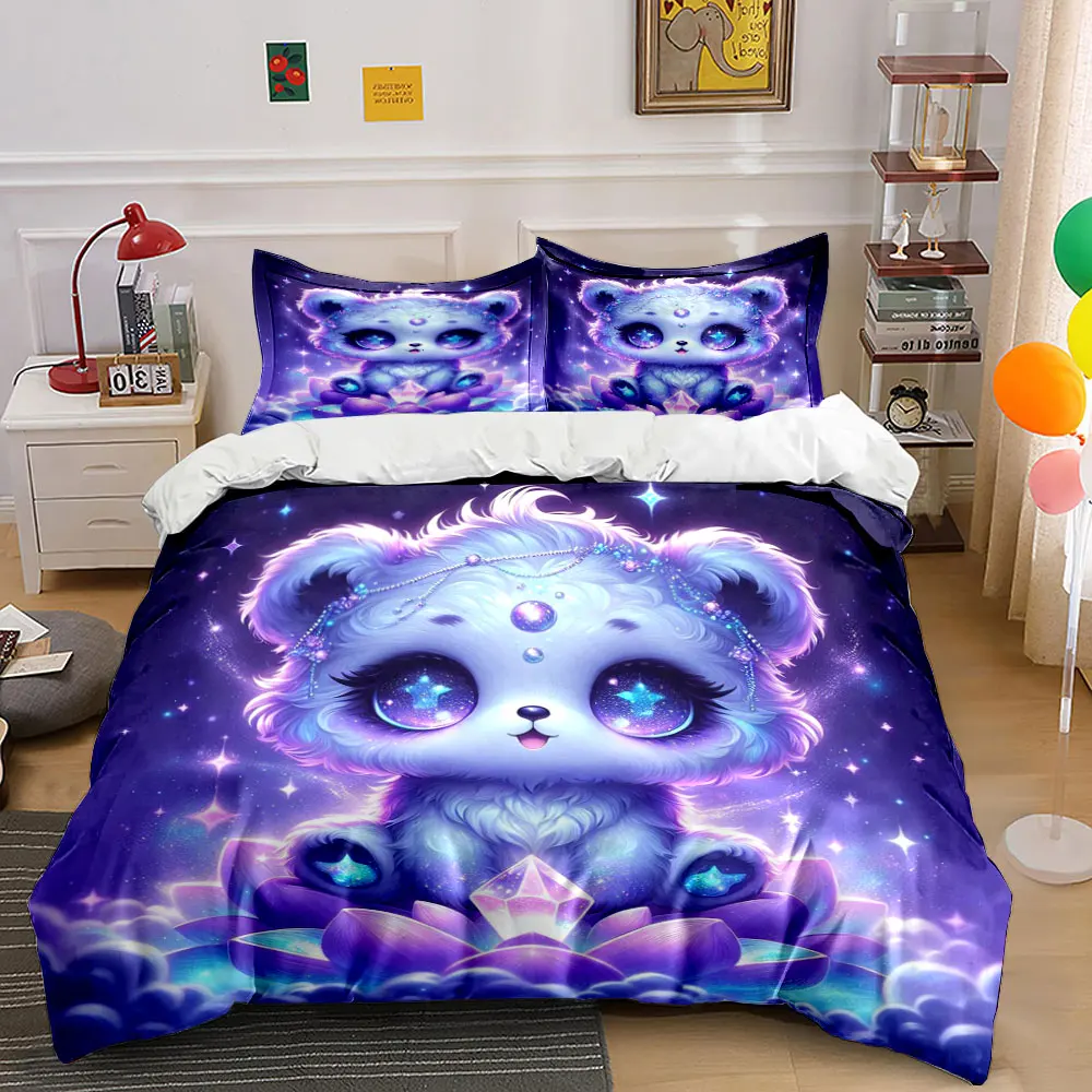 Purple Fantasy Lotus Little Bear with Crystal Print Duvet Cover Set1 Duvet Cover+2 PillowcaseMulti Size Bedroom Bedding Decor
