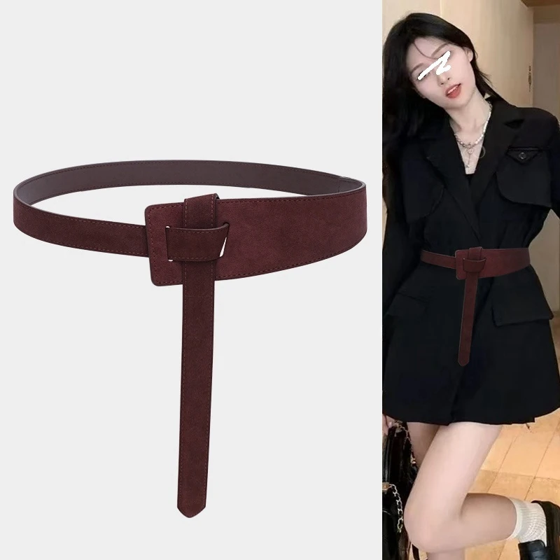 

Women's Suede Cowhide Leather Belt 2025 Adjustable Tie Knot Waist Belt Without Buckle for Dresses Coats Jeans