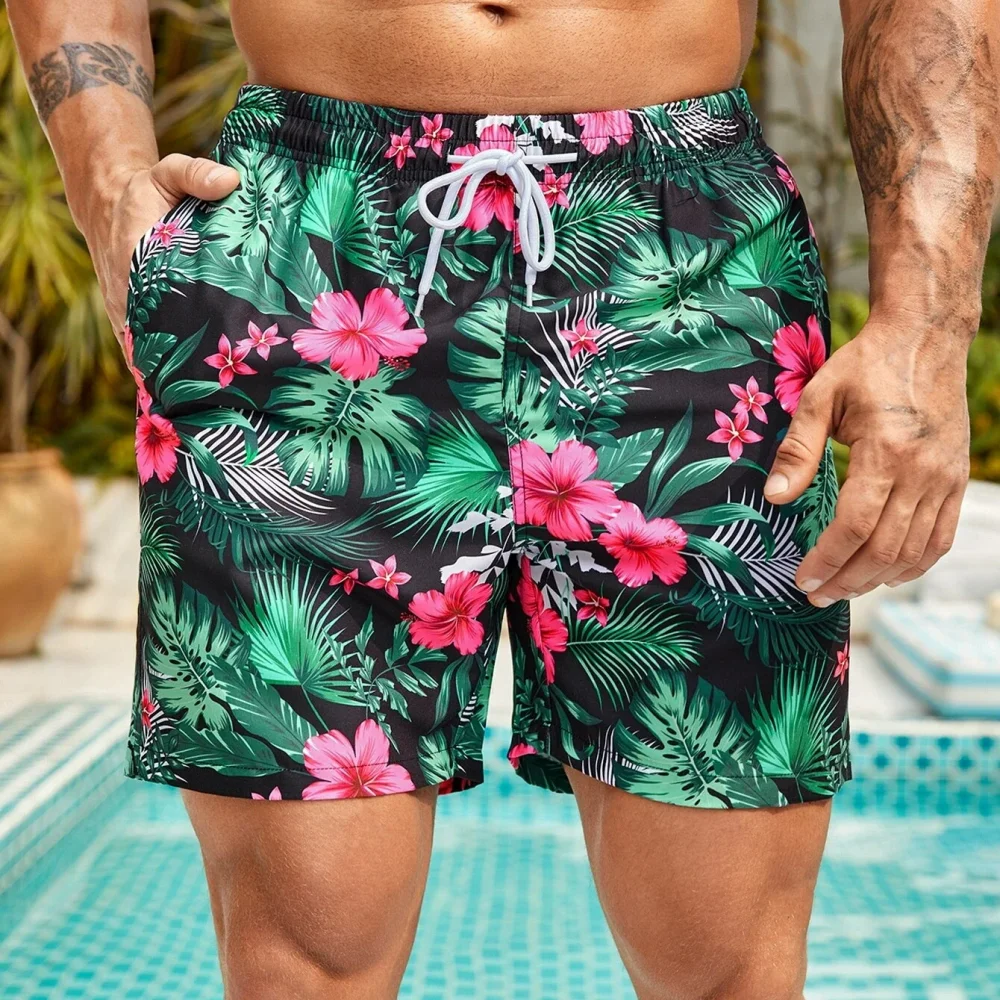 Motorcycle Men's quick-drying Hawaiian shorts with floral and leaf print 3D beachwear soft loose casual novelty summer novelty