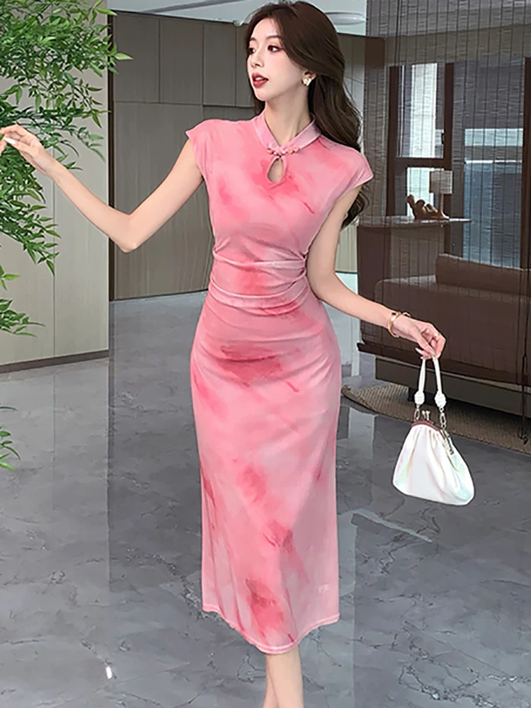 Sommer rosa Farbverlauf schick ärmelloses langes Kleid Frauen koreanische Vintage Luxus Festival Kleider elegante Bodycon Party Vestidos