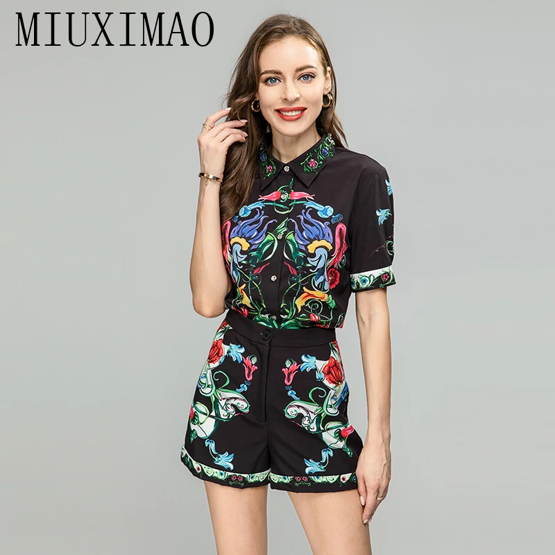 

MIUXIMAO 2023 Fall Set Short Sleeve Diamonds Collar Flower Shirt+Short Pants Fashion Slim Two Piece Set Women