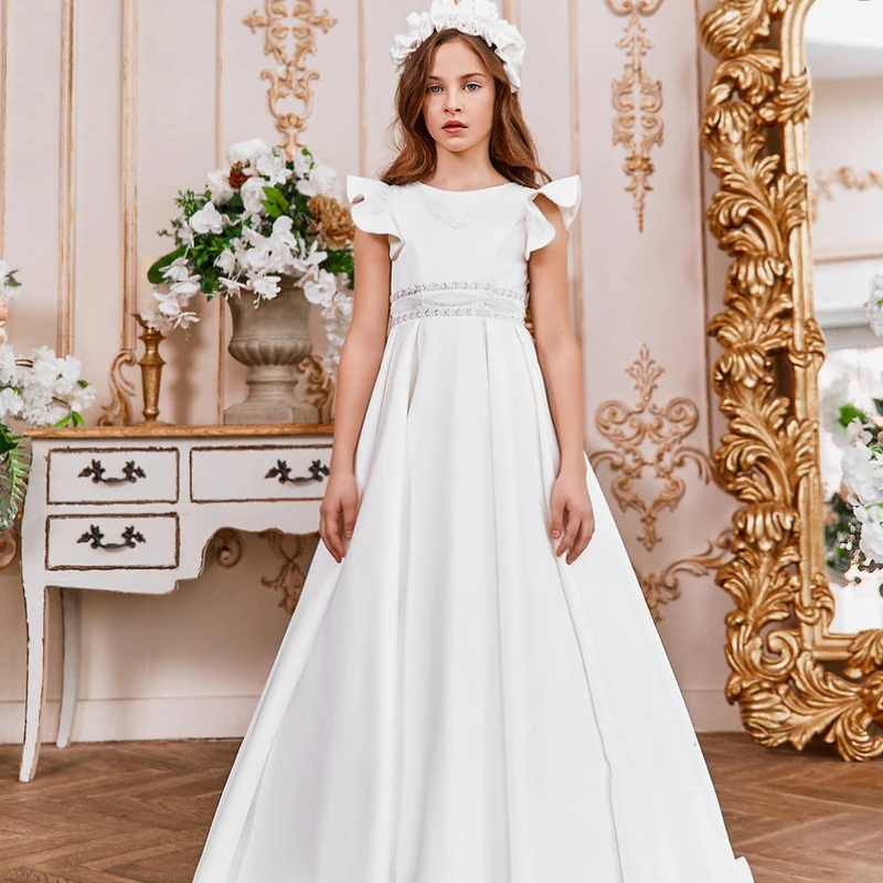 Perlen elegantes Blumen mädchen Kleid für Hochzeit Pailletten weiß Satin boden lange kurze Ärmel Erstkommunion Geburtstag Ballkleid