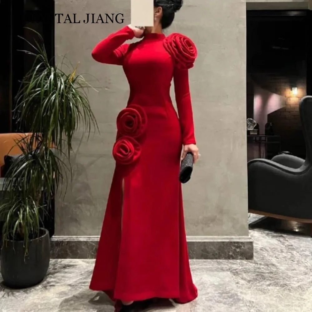 Elegant Long Red Spandex O Neck Evening Dresses Full Sleeves with Handmade Flowers Sheath Floor Length  فساتين سهرة