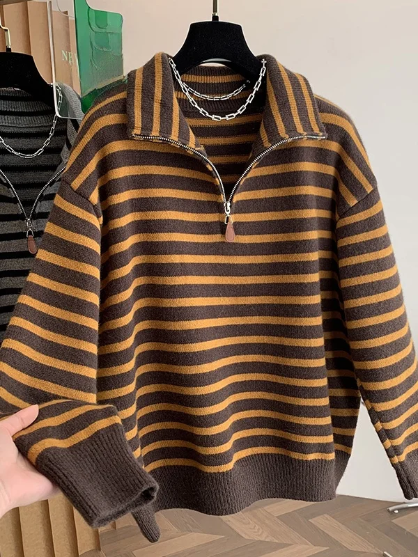 

Thiened Casual Knitted Sweater Striped Loose Fit Long Sve Women's Large Size Warm Base irt Stand Collar Winter Top