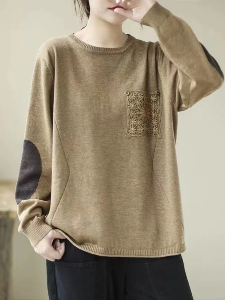 

Retro contrasting color knitted sweater women versatile autumn and winter art loose casual trend personality top