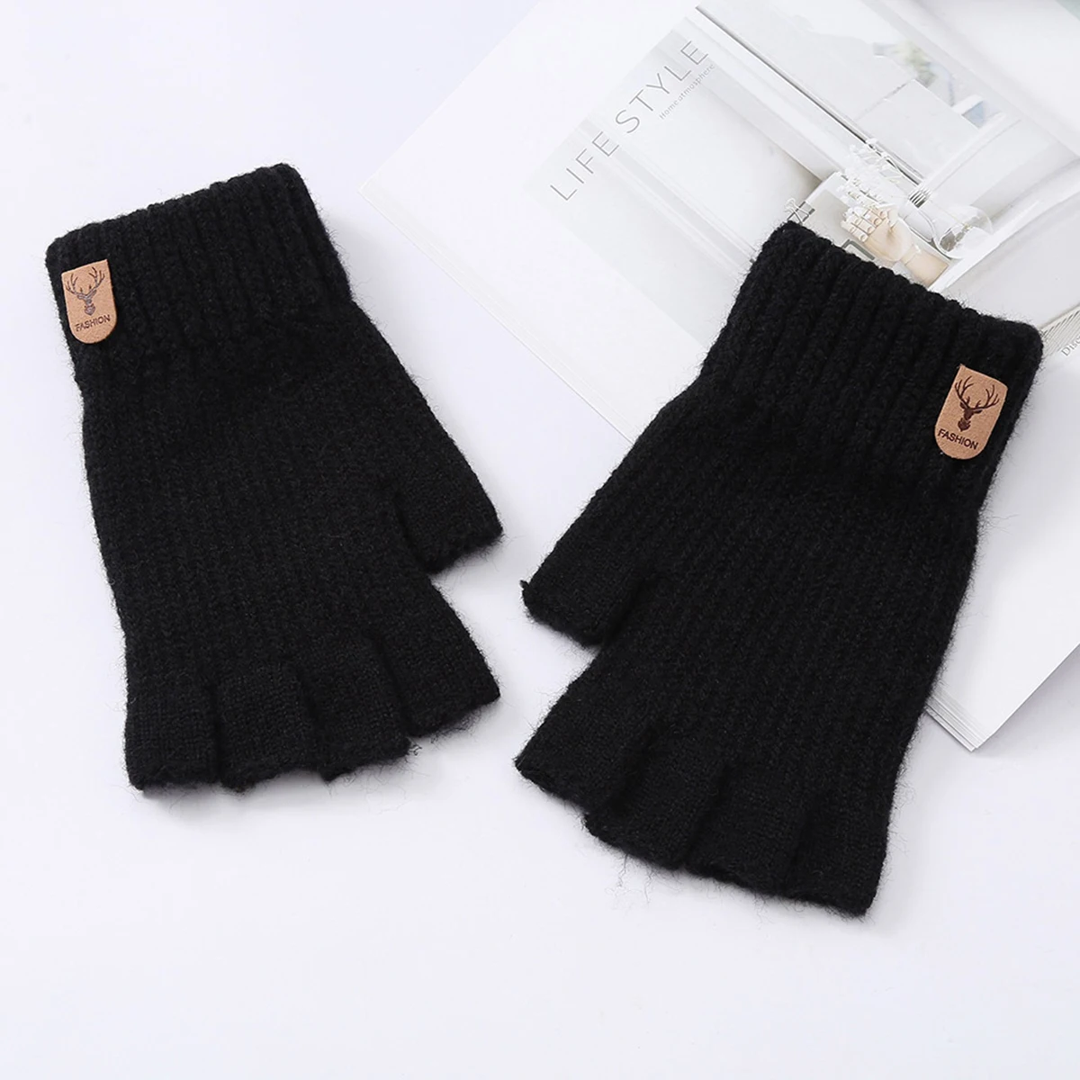 

Термальные перчатки без пальцев, мужские и женские вязаные теплые зимние варежки с половиной пальца