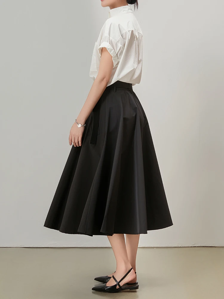 

L·SEA Summer New Bla Belted A-Line Midi Skirt Flared Hem Versatile Slimming l Waist Commute Sle Polyester Fabric