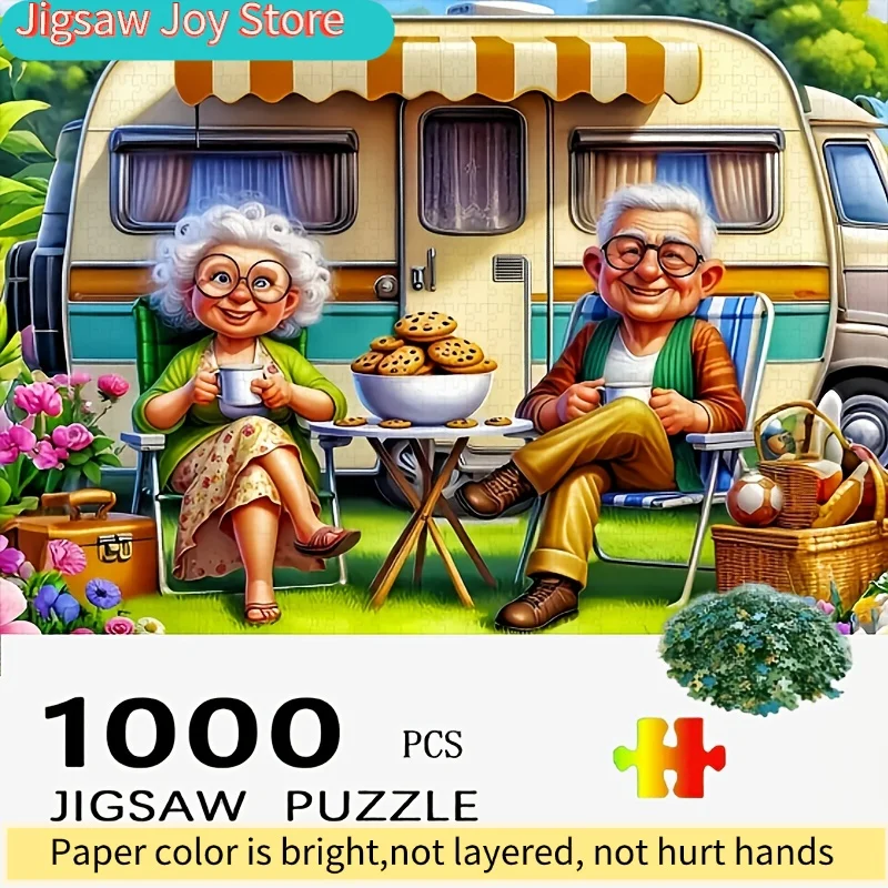 A Thousand-Piece Vintage Camping Puzzle Featuring Grandparents, Showcasing a Large Jigsaw Game with an RV And a Floral Table S