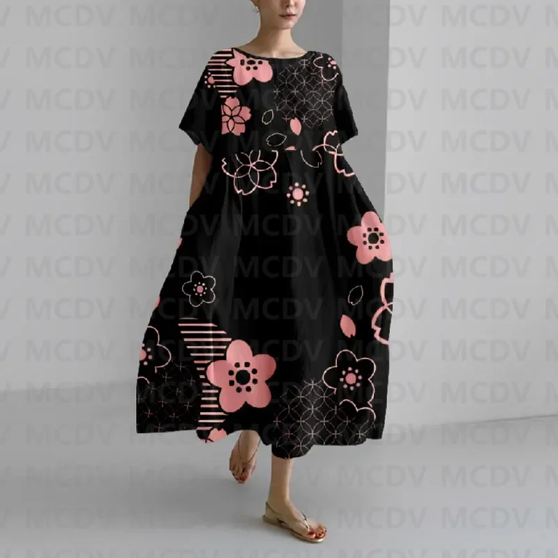 Casual Japanese Style Ink Flower Print Women's Short Sleeve Midi Dress